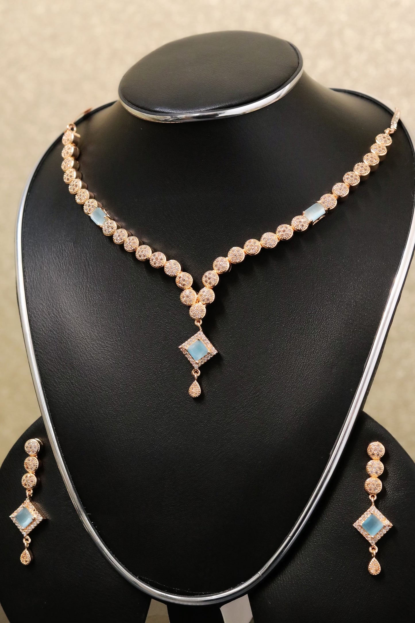 Rose gold blue gem necklace set