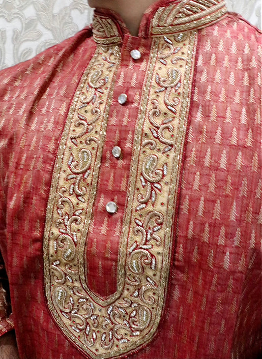 Fancy light red banarasi kurta - Selina Habibti Attire
