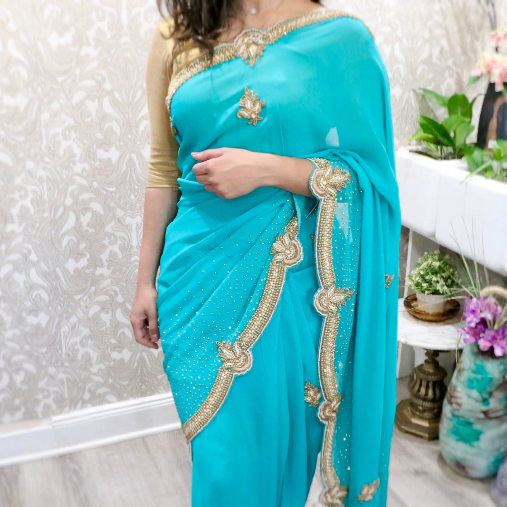 Heavy stone work party saree teal color - Selina Habibti Attire