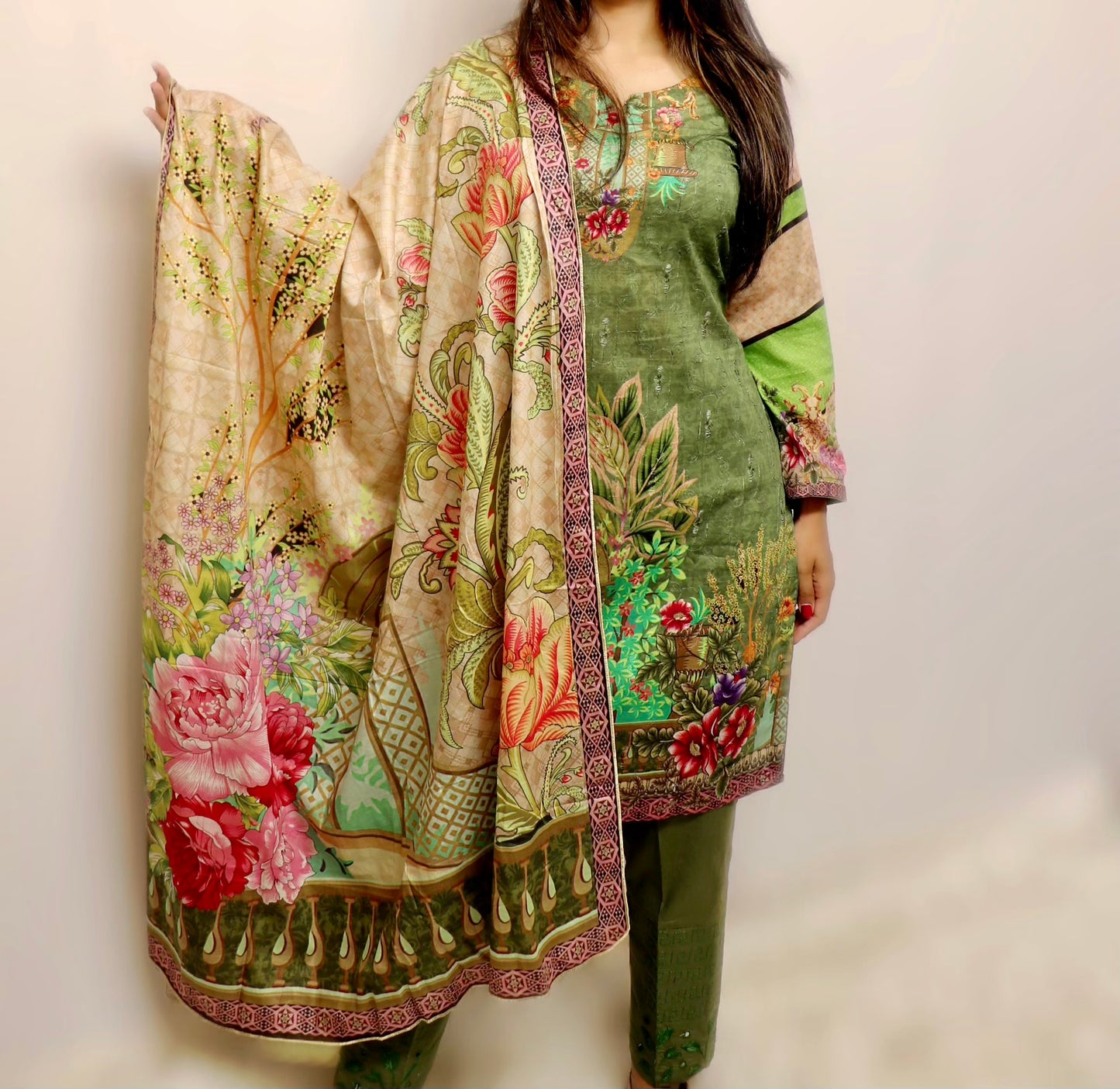Olive green multi embroidered lawn suit