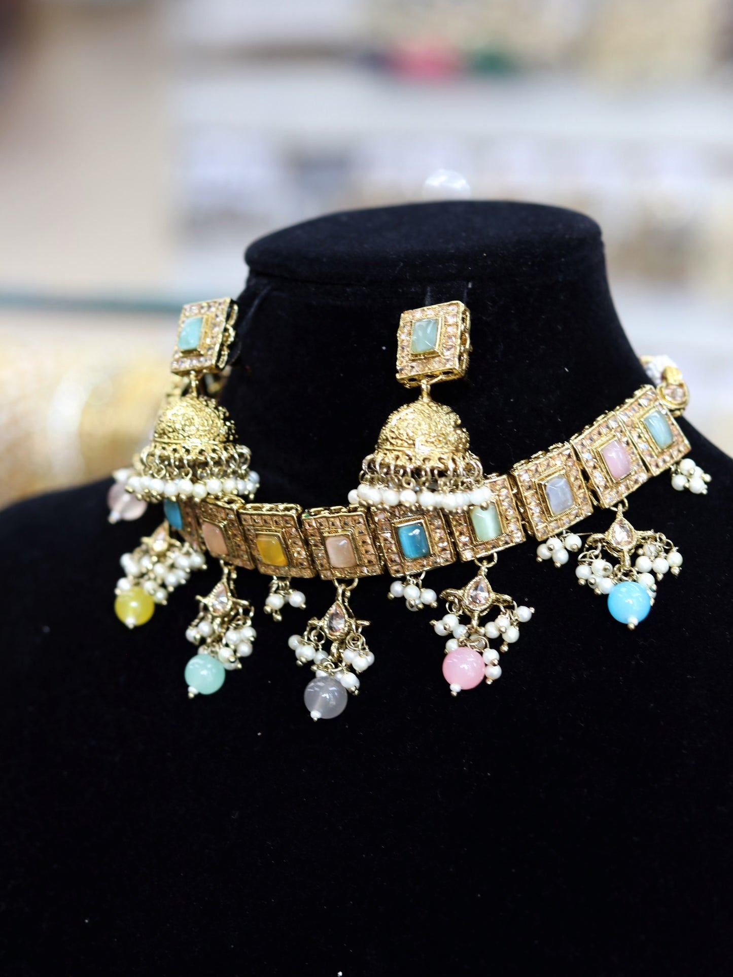 Gold plated multi color bead choker set