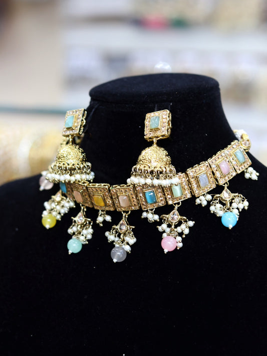 Gold plated multi color bead choker set