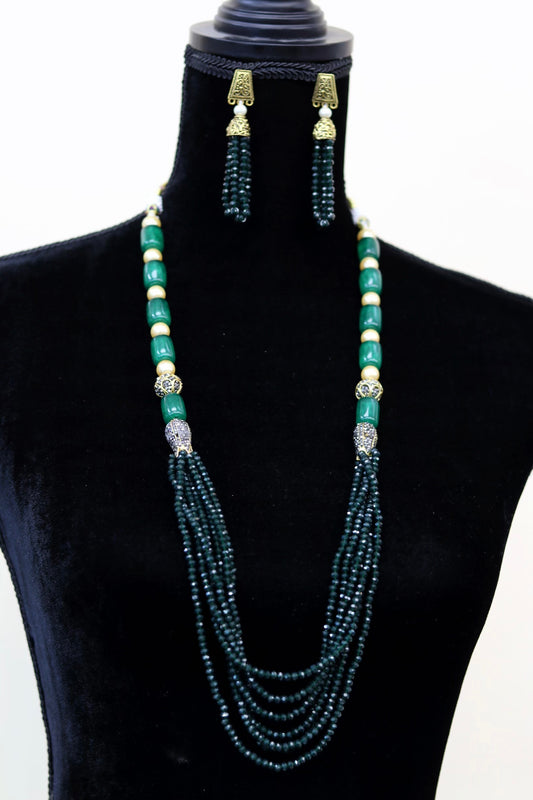 Emerald green long bead necklace set