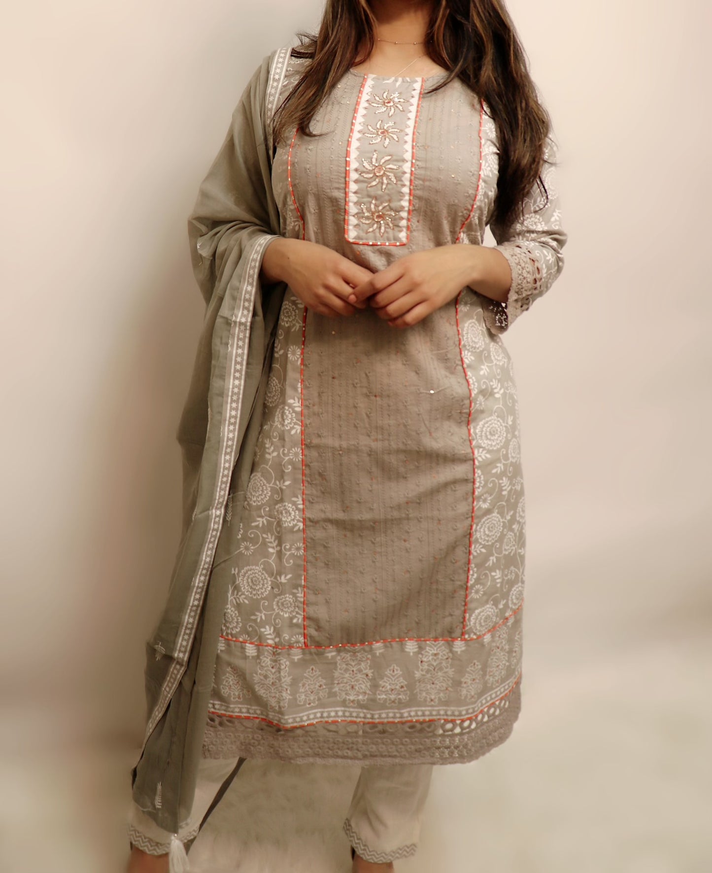 Grey cotton lace work outwear three piece