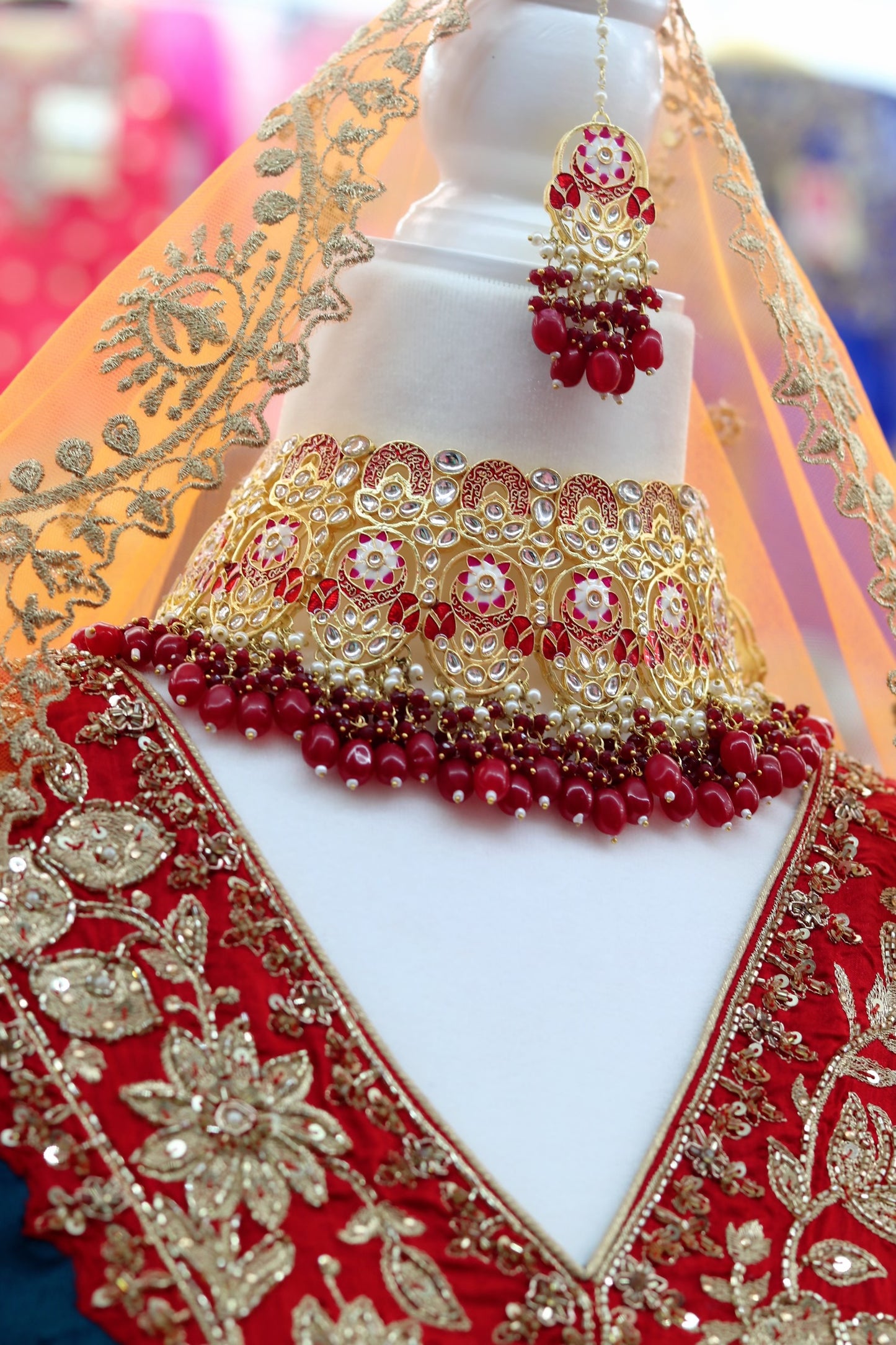 Heavy deep red bridal necklace set