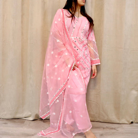 Pink mirror work three piece suit - Selina Habibti Attire