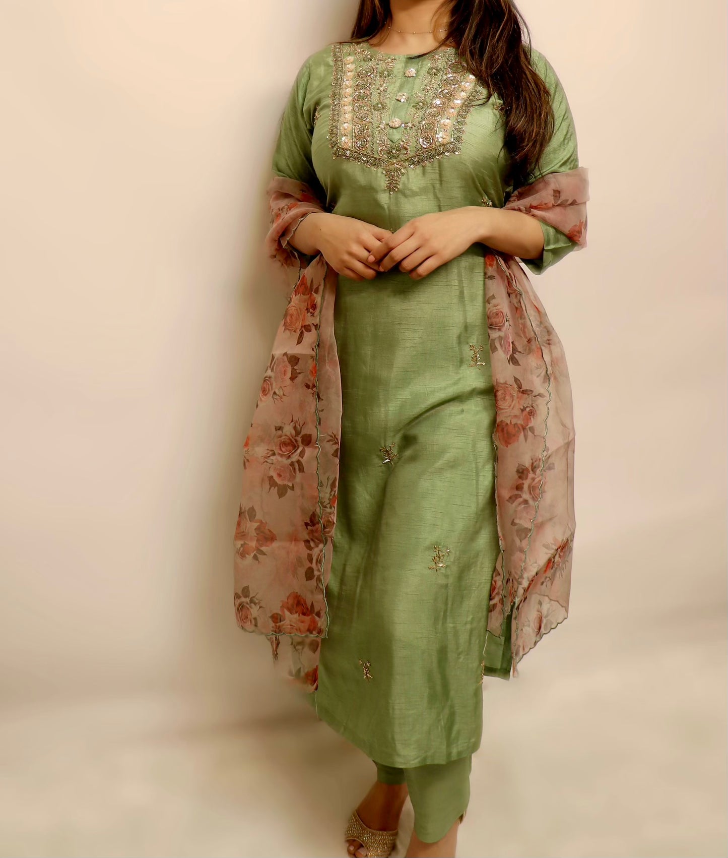 Light olive green suit with organza duppata