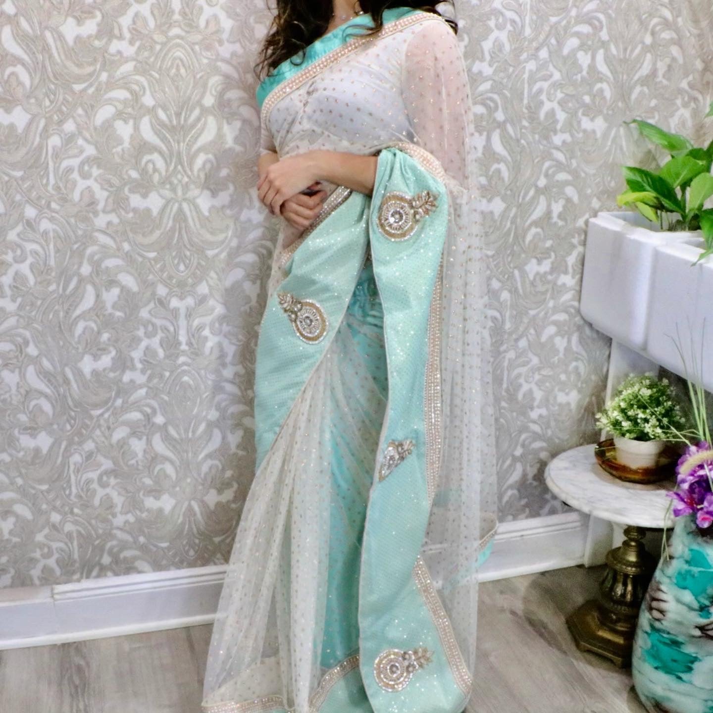 White net saree with mint silk - Selina Habibti Attire