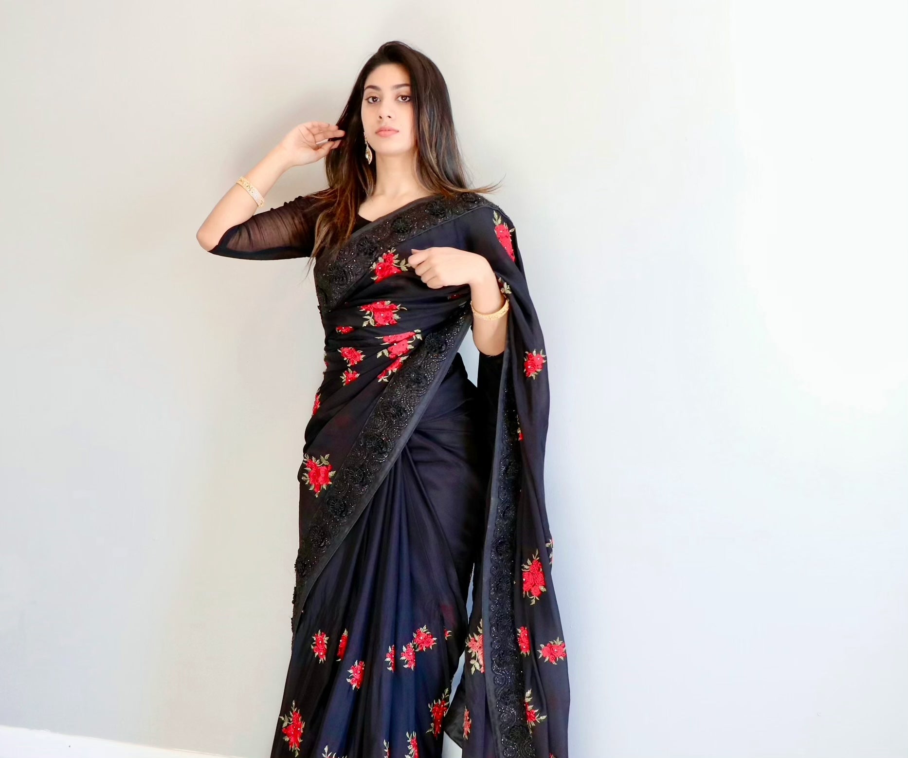 Black silk floral saree - Selina Habibti Attire