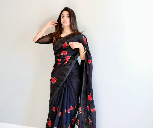 Black silk floral saree - Selina Habibti Attire