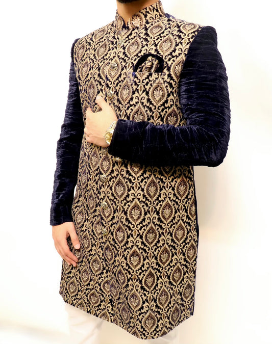 Navy blue velvet sherwani - Selina Habibti Attire