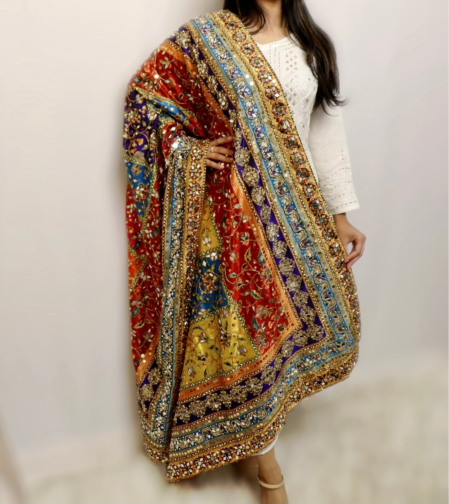 Heavy bead embroidered multi color mirror dupatta