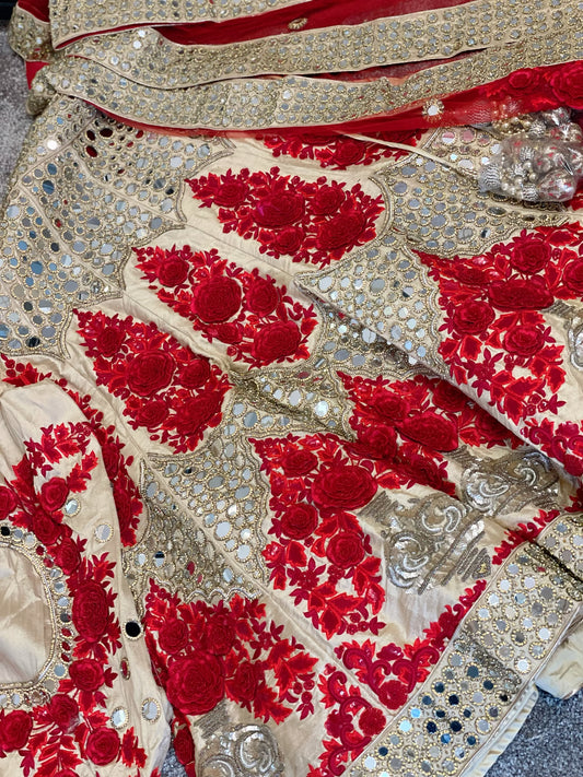Heavy mirror and 3d bead work bridal lehenga
