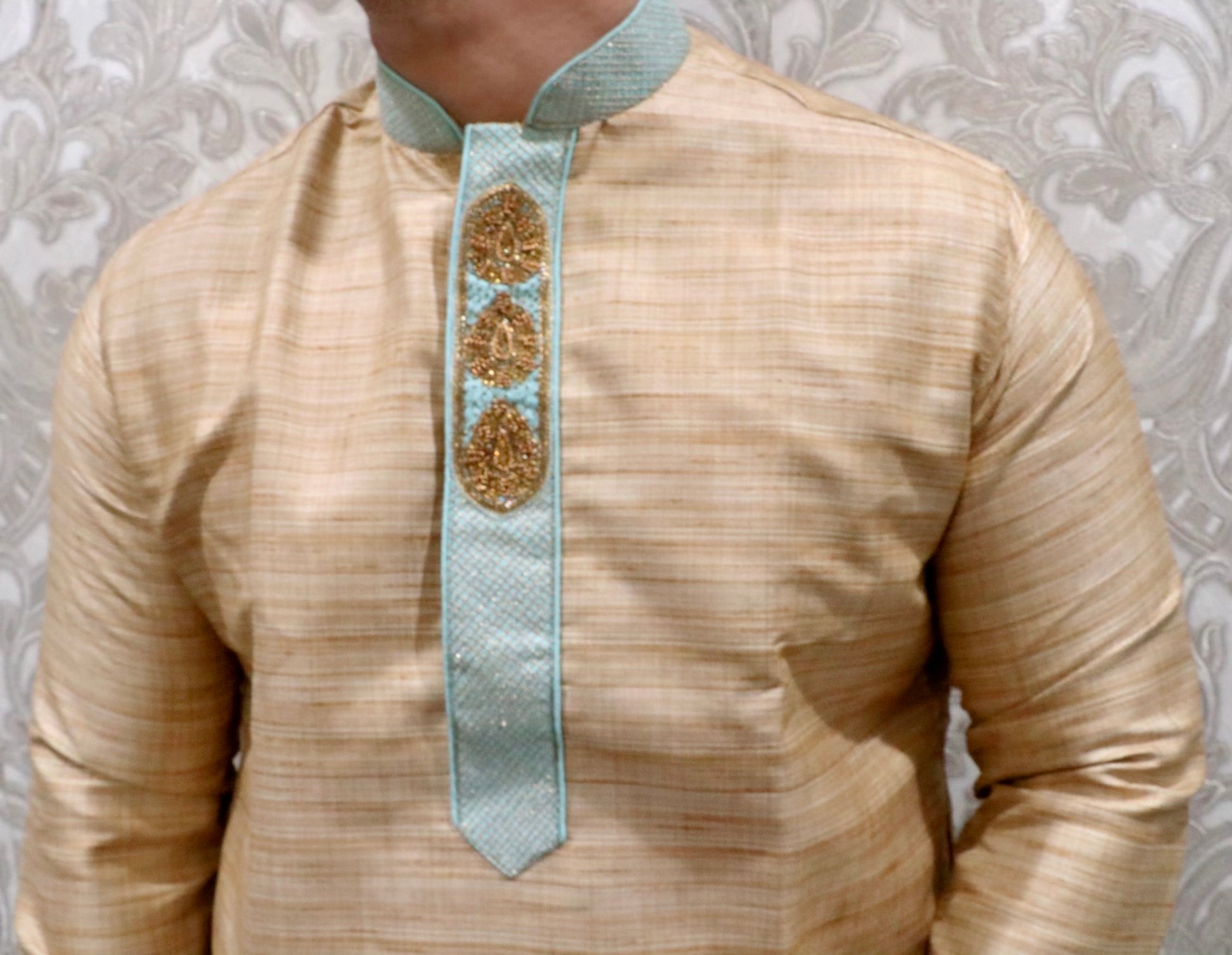 Soft raw silk mint collar Kurta - Selina Habibti Attire
