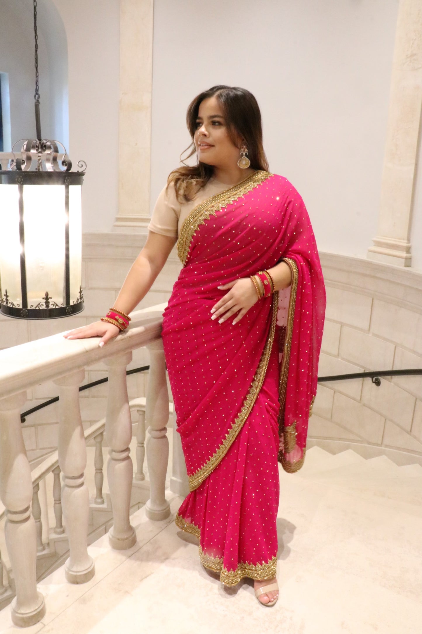 Pink georgette stone work saree