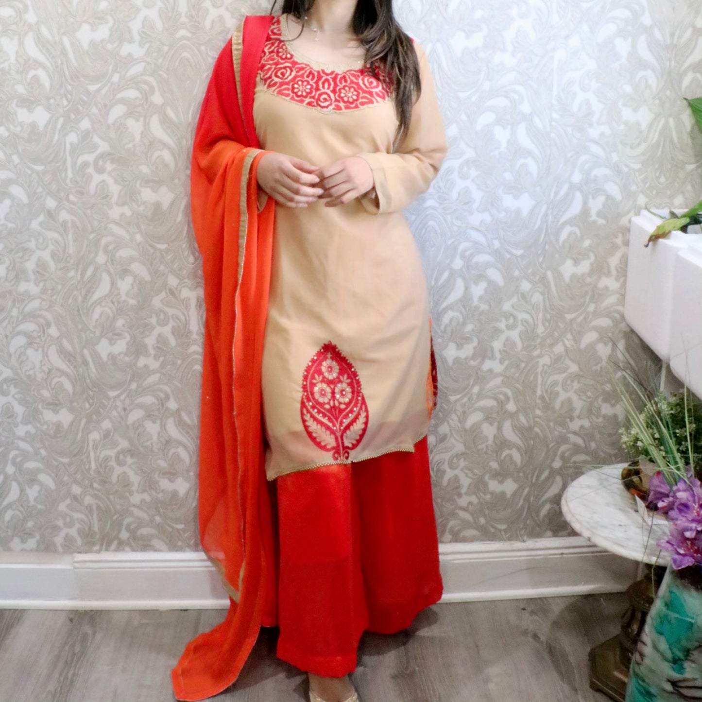 Orange georgette three piece - Selina Habibti Attire