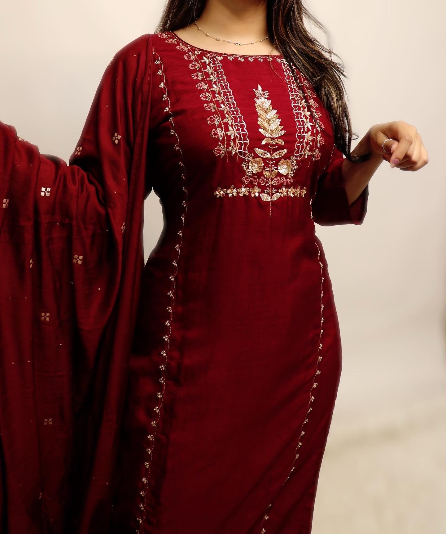Soft silk maroon three piece