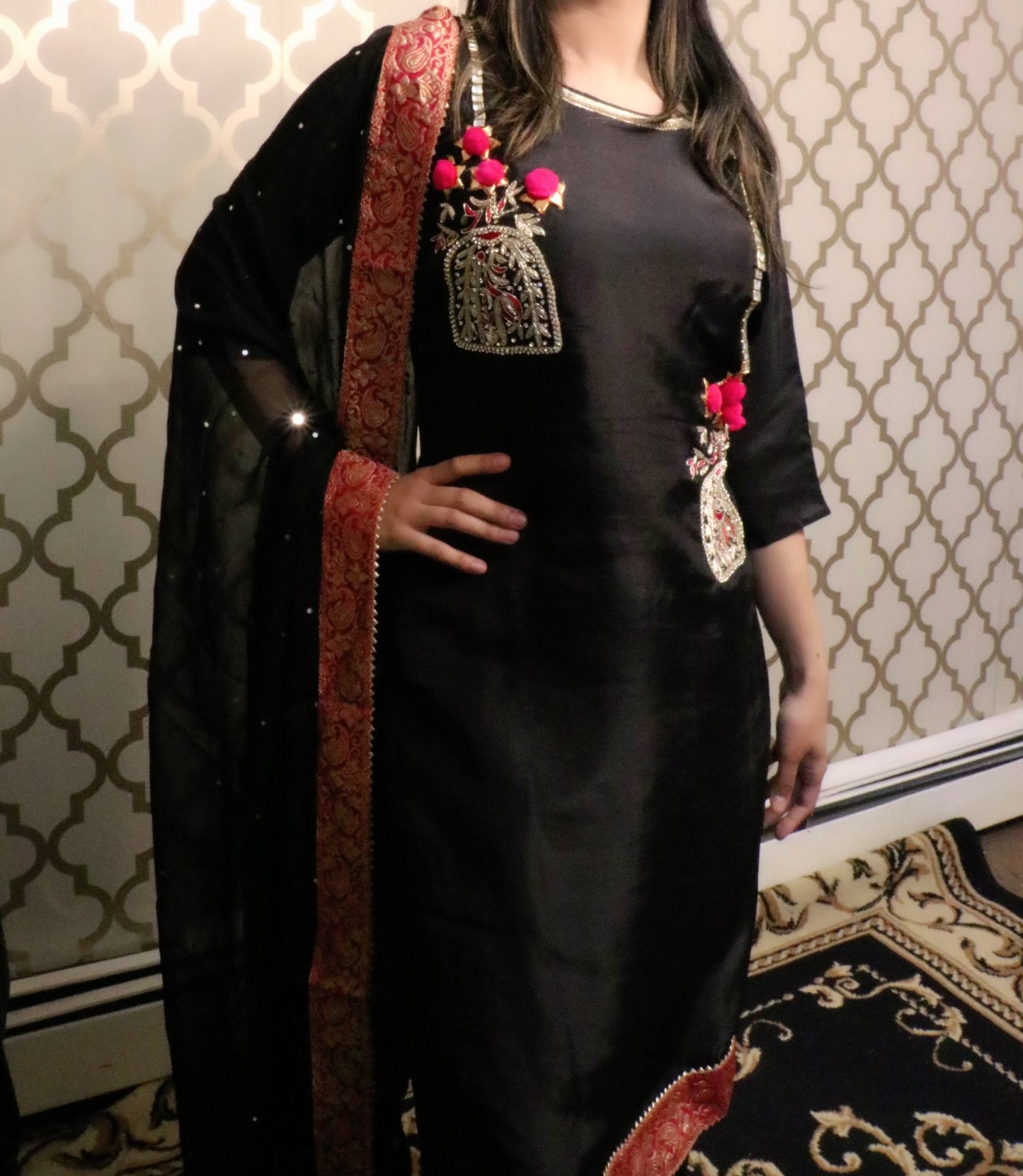 Black & pink silk Banarasi three piece