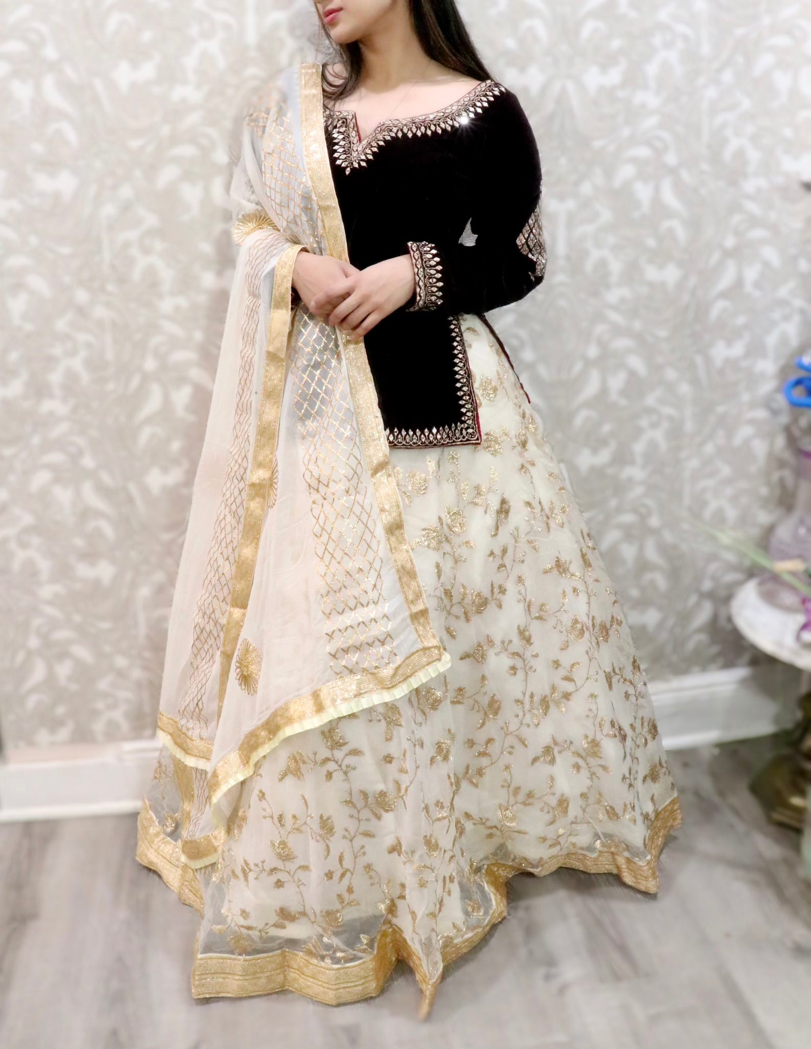 Maroon velvet long top lehenga choli - Main Image