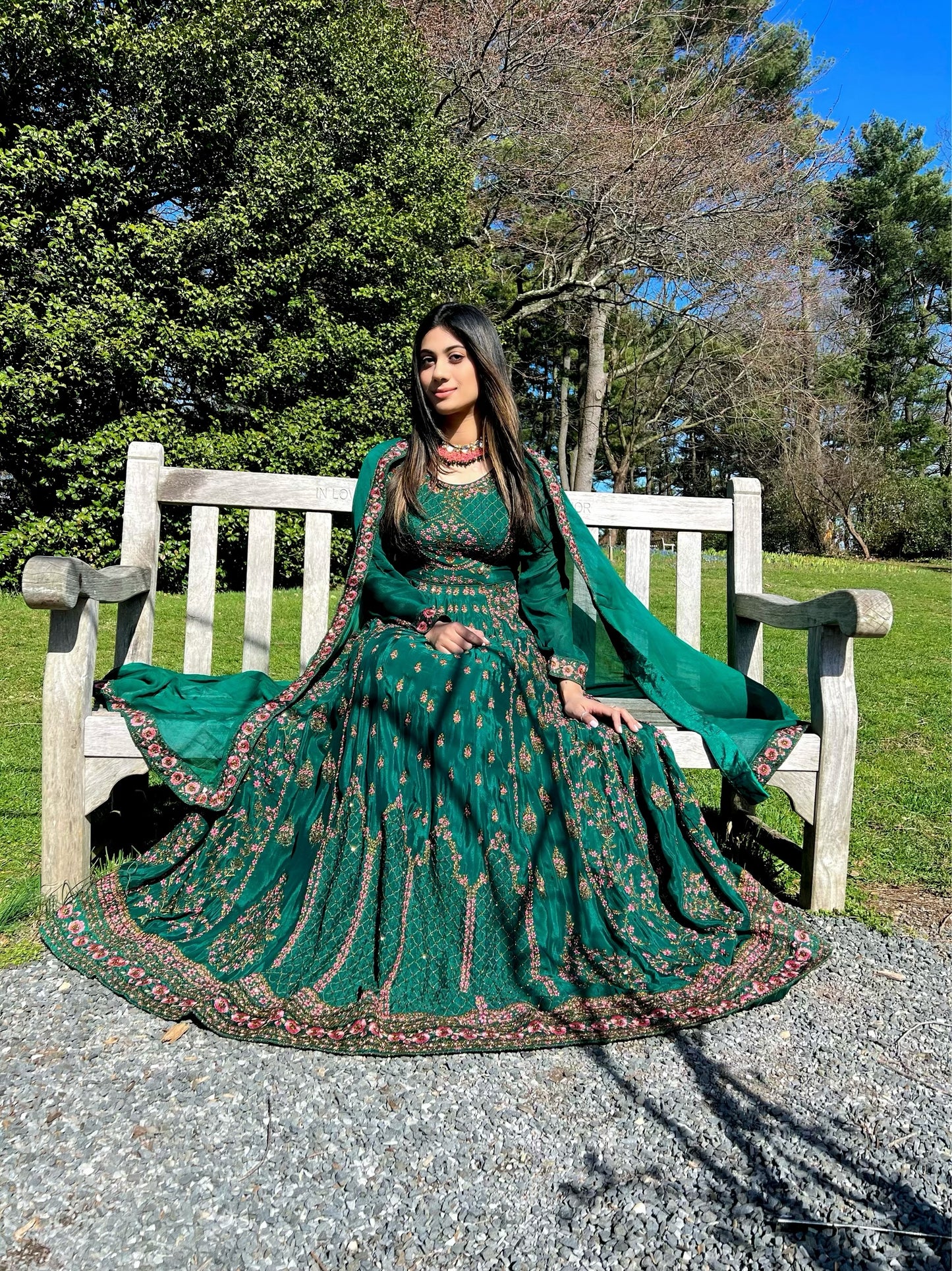 Deep emerald green party gown set