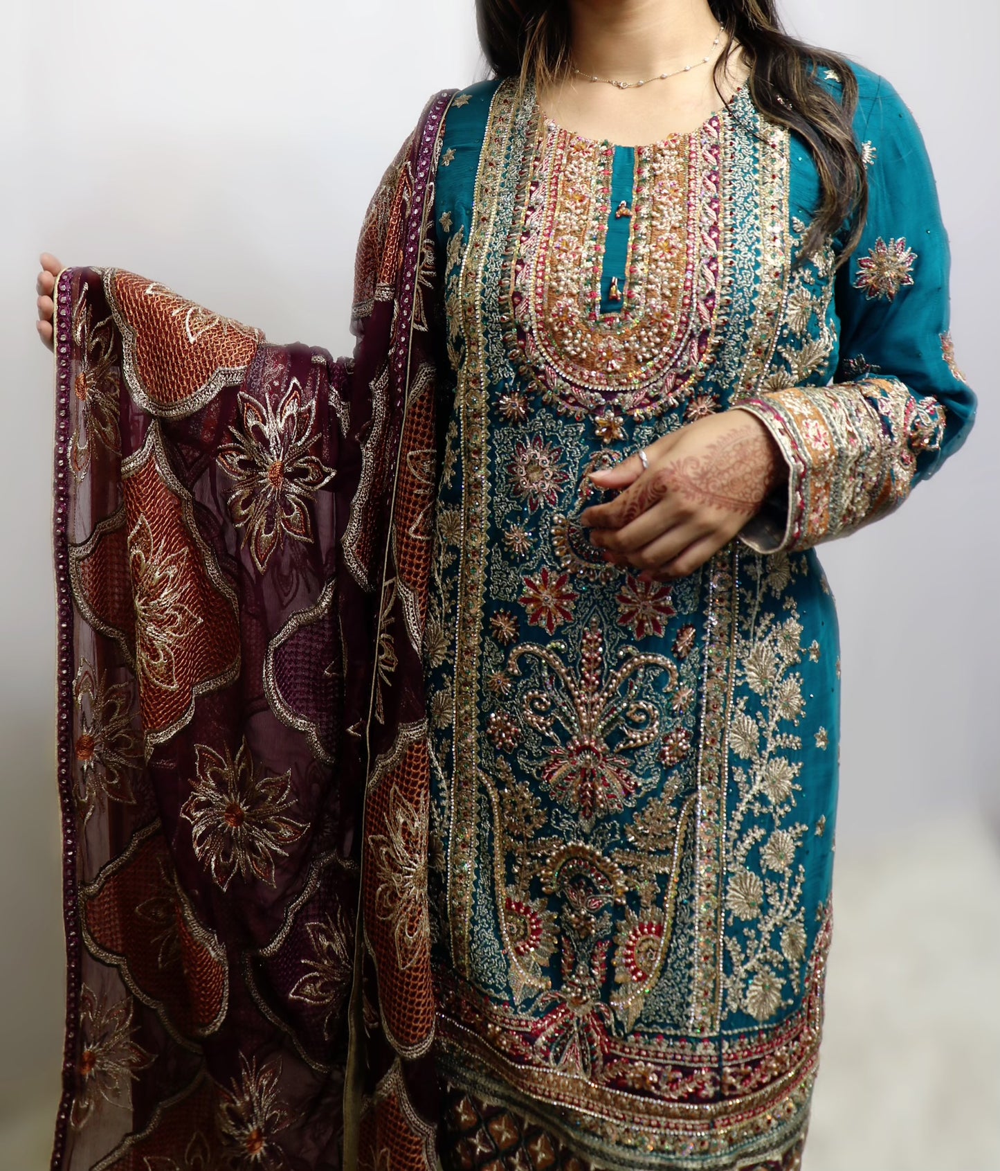 Teel green and purple party wear suit