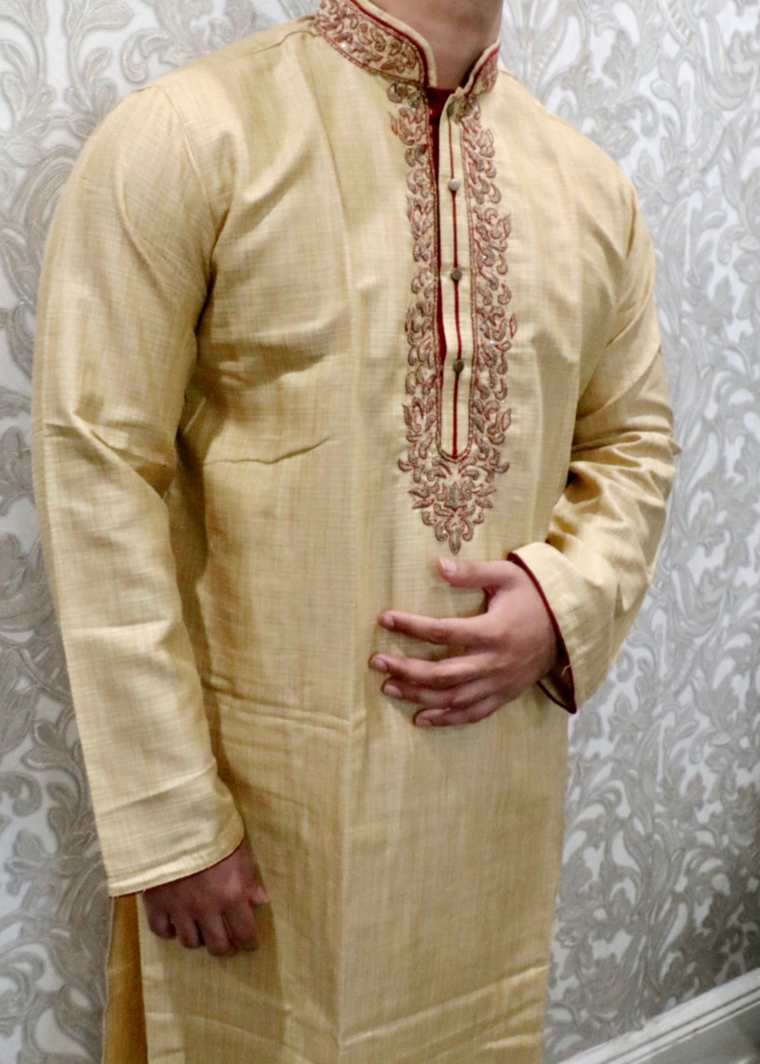 Fancy cream with maroon embroidery kurta - Selina Habibti Attire