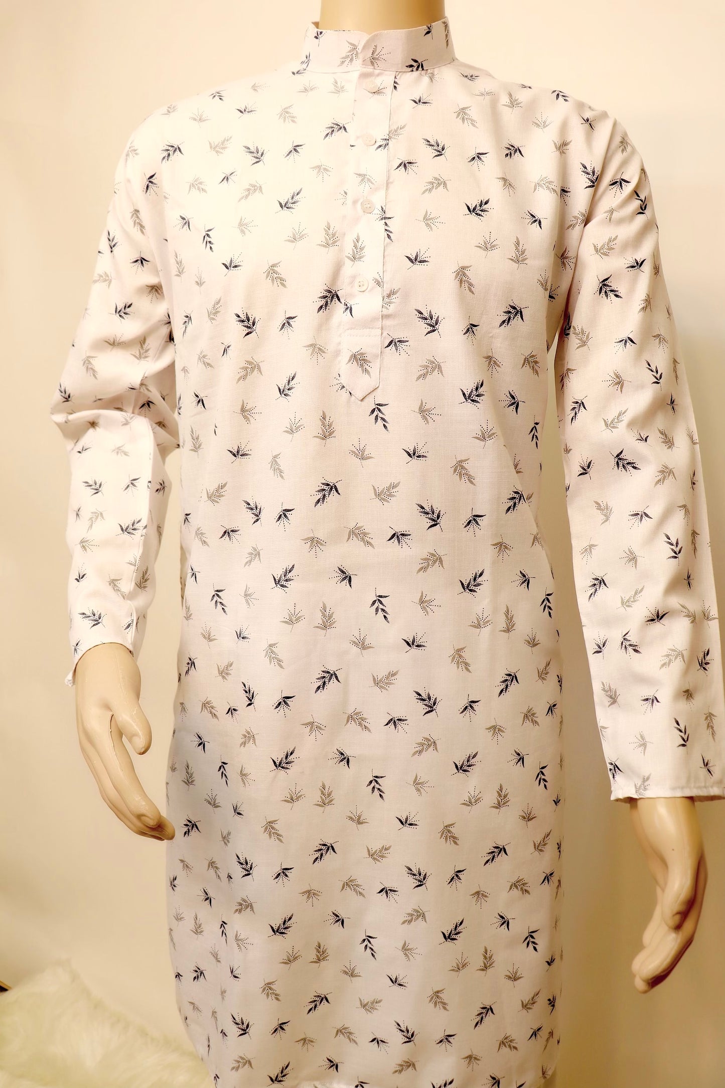 White leaf printed cotton kurta set