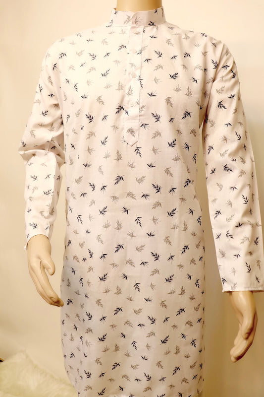 White leaf printed cotton kurta set
