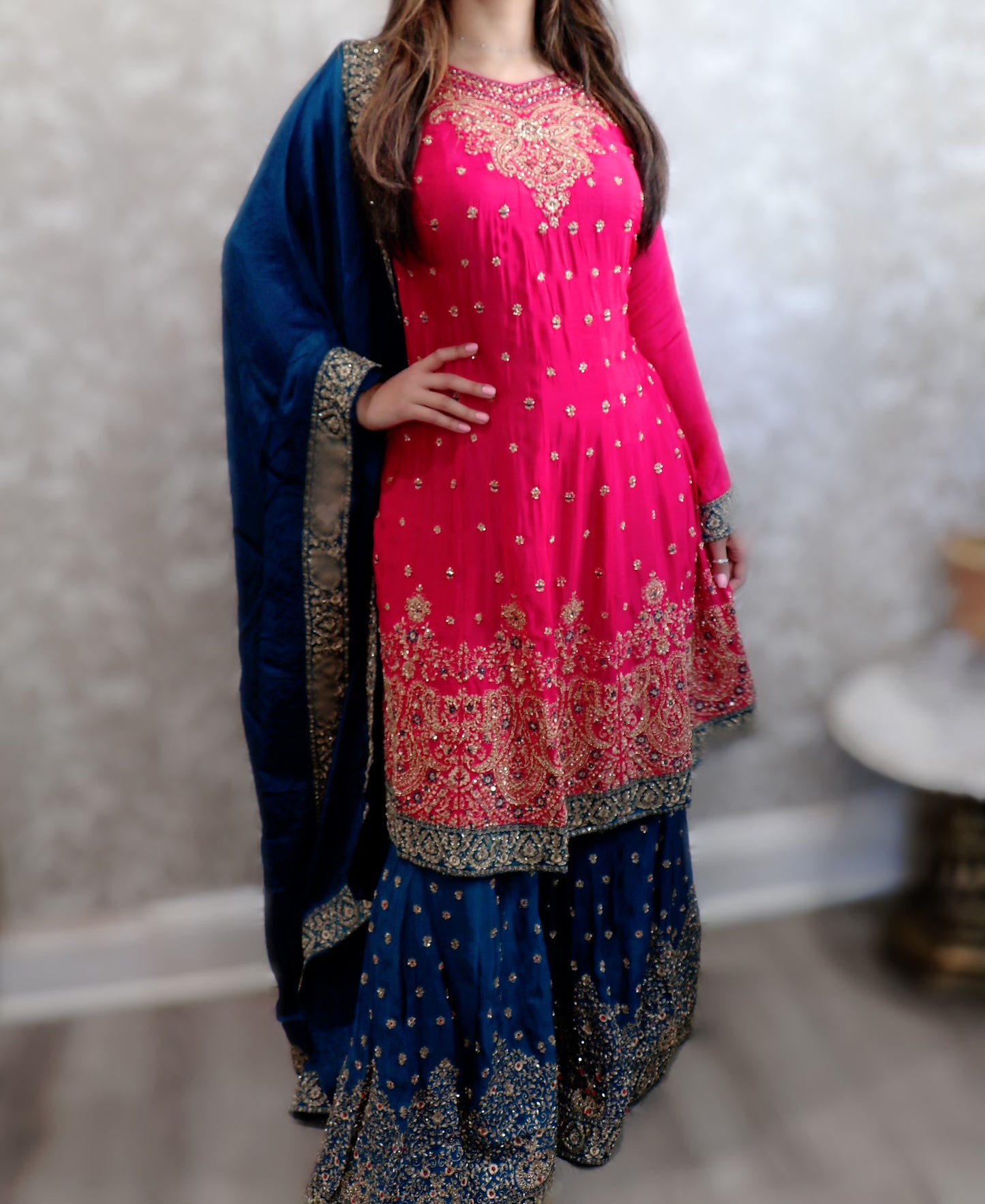Hot pink and blue combination sharara suit