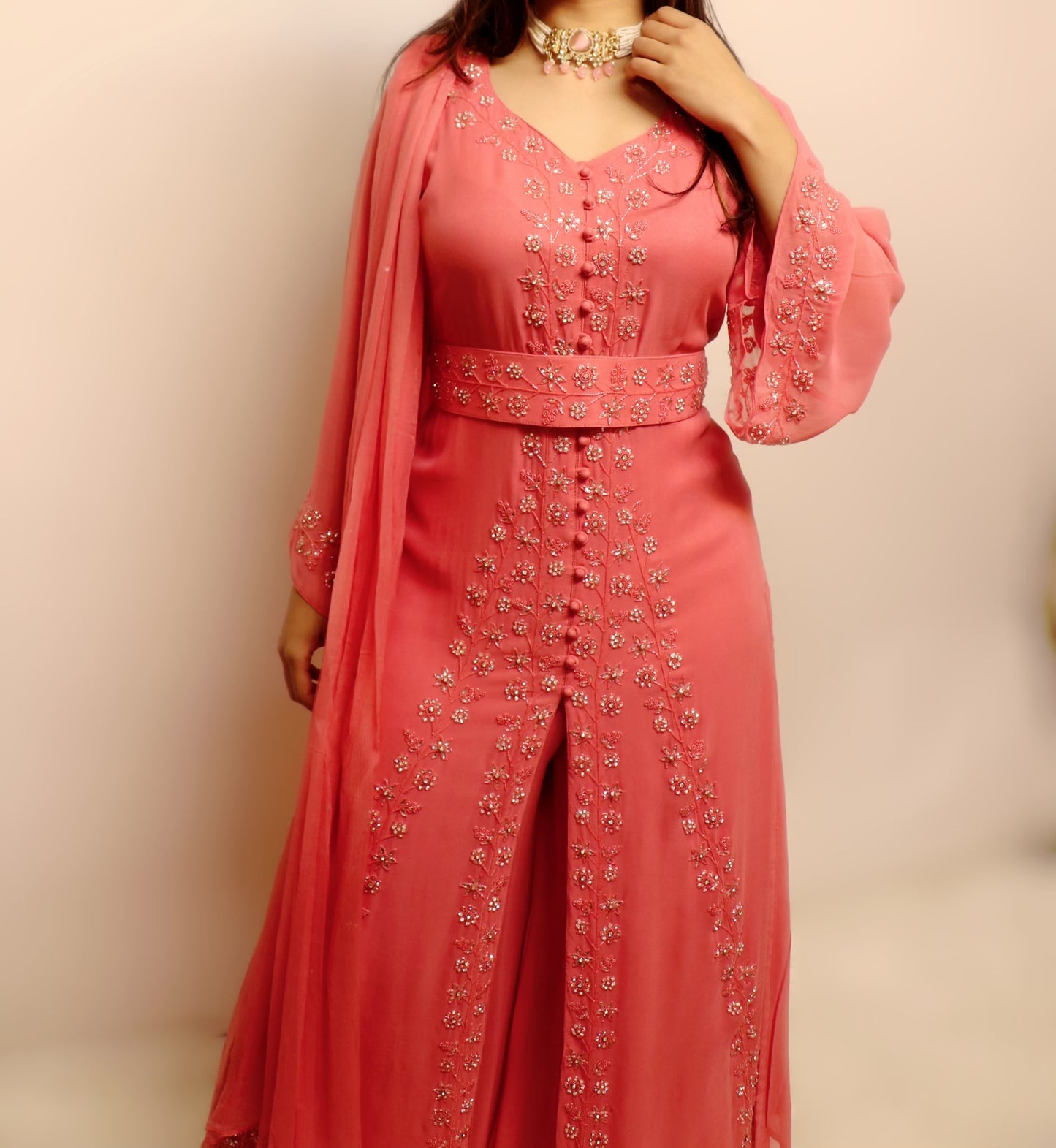 Pink belted party wear stone work suit