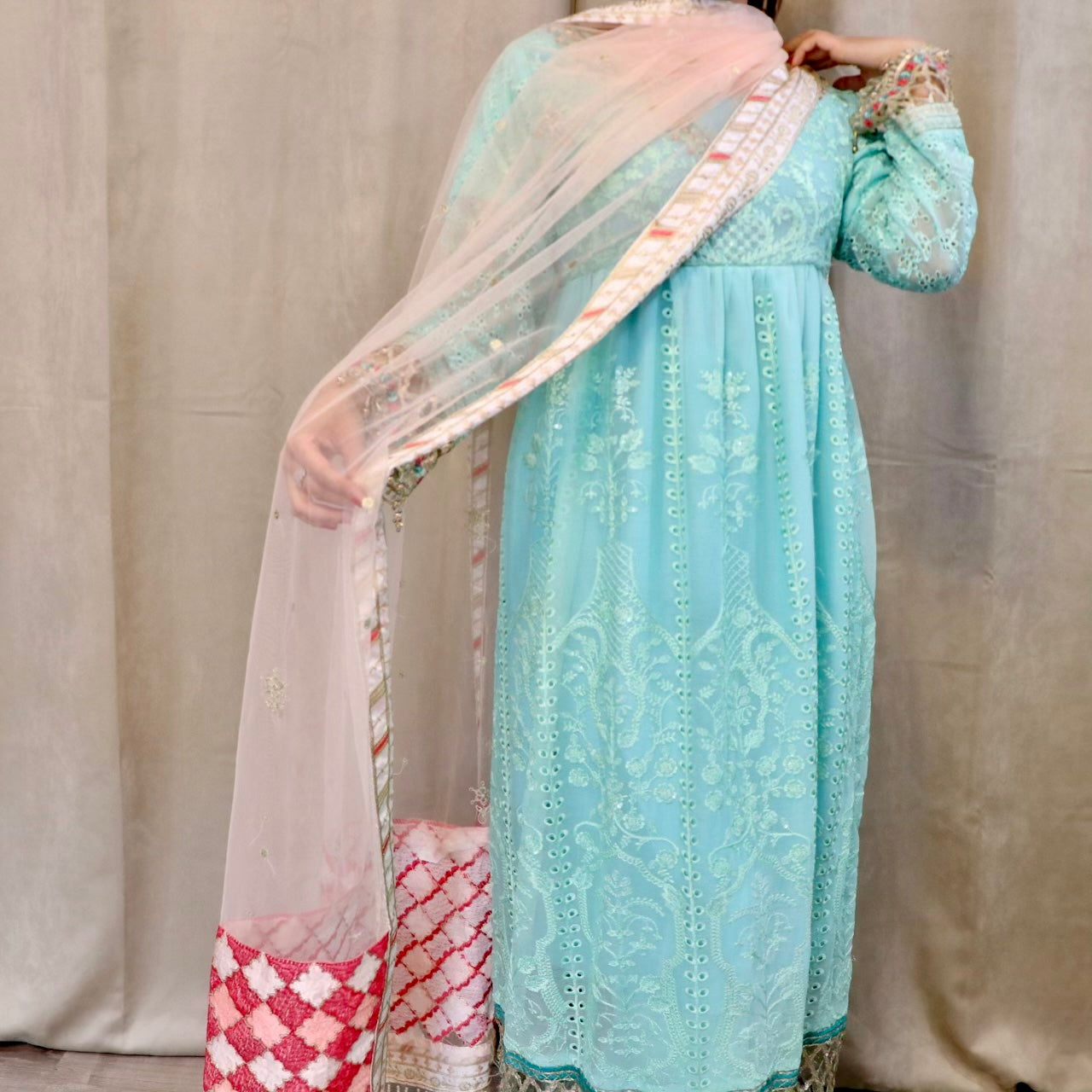 Blue mint fancy gown style three piece - Selina Habibti Attire