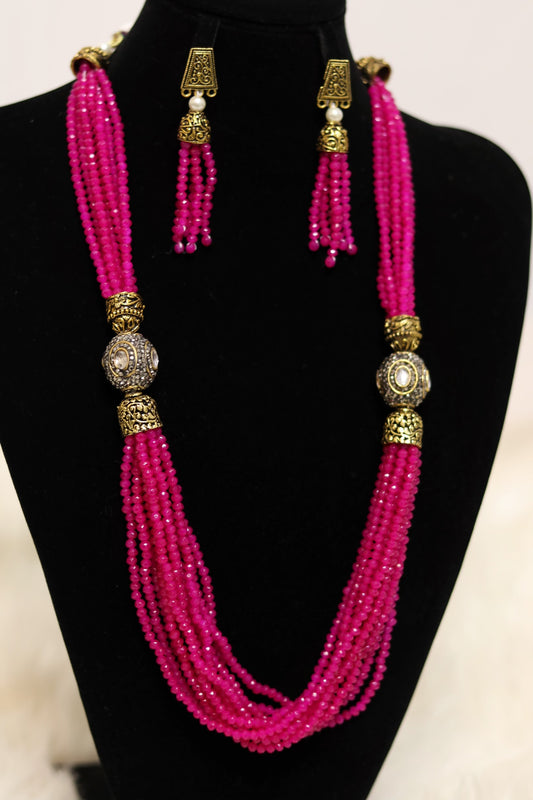Hot pink beaded long necklace