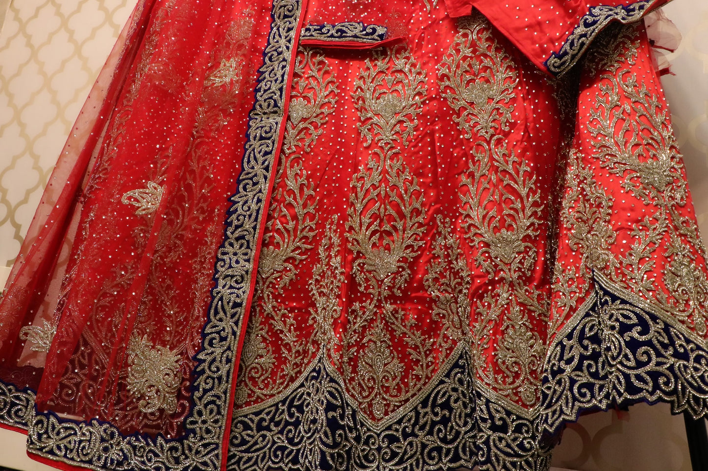 Heavy bridal stonework deep red & blue lehenga