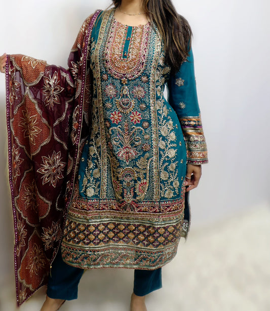 Teel green and purple party wear suit