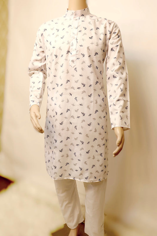 White leaf printed cotton kurta set