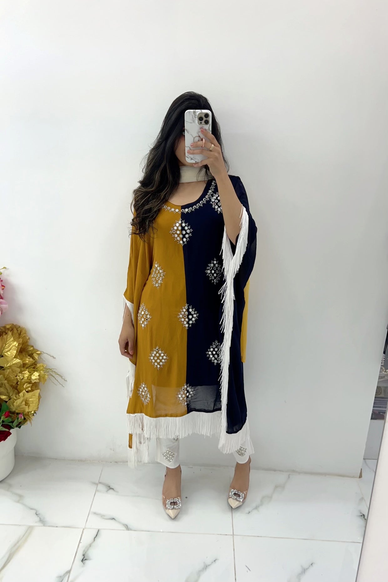 Half & half mirror kaftan three piece