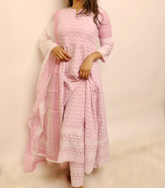 Light Lavender cotton chikankari gown set