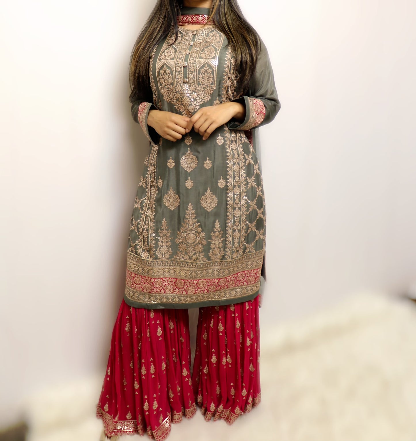 Olive magenta gharara suit