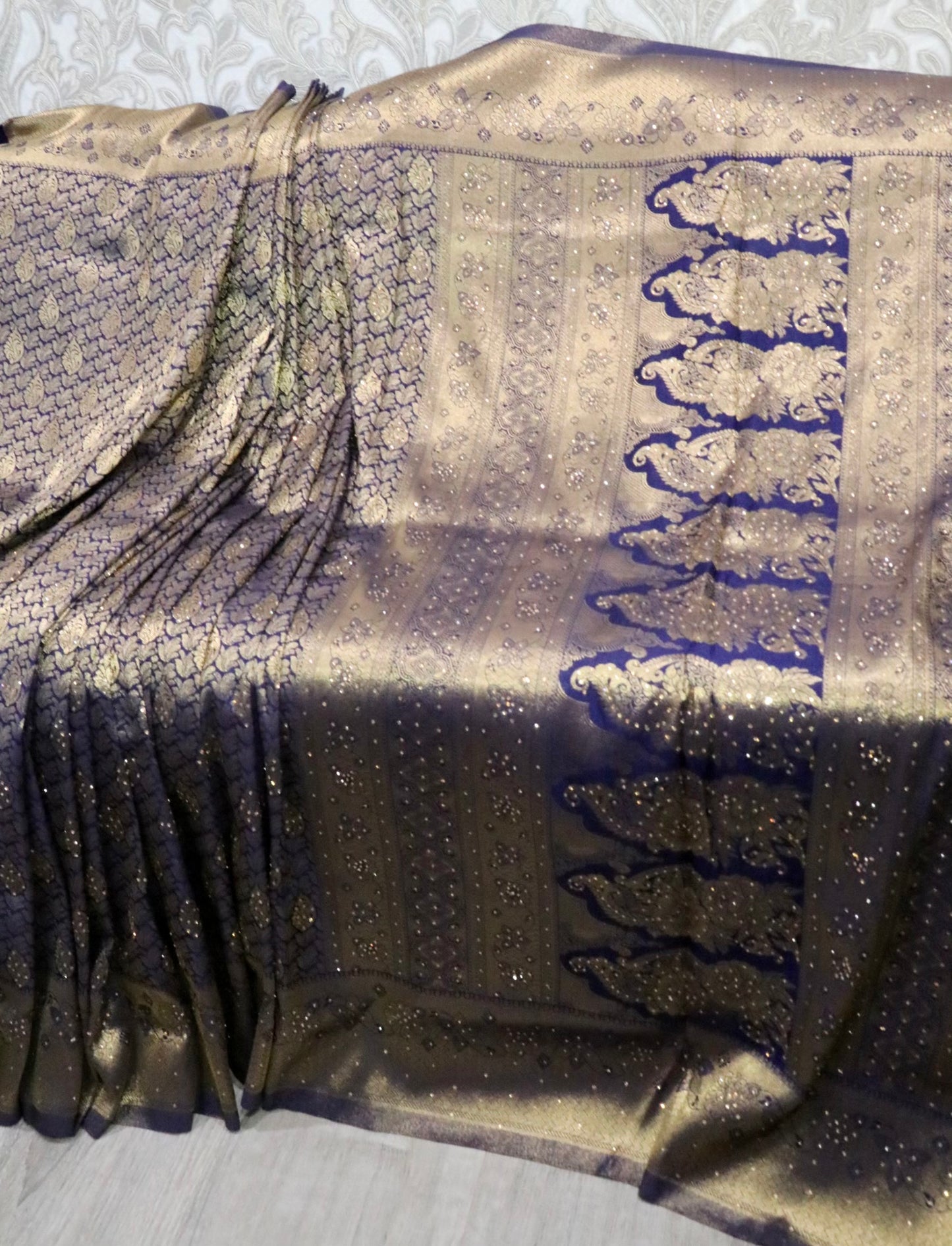 Bridal navy blue silk stone work katan - Selina Habibti Attire