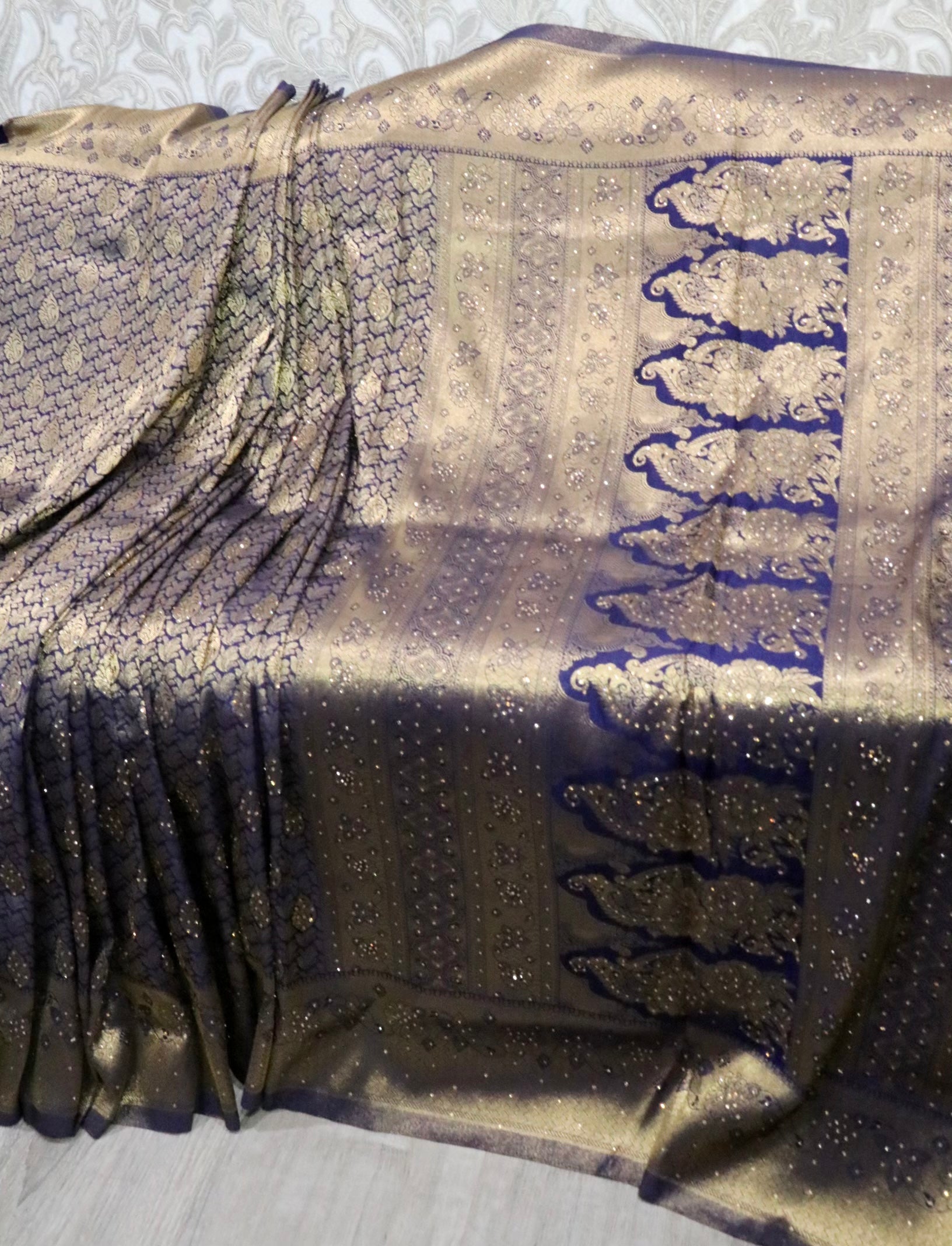 Bridal navy blue silk stone work katan - Selina Habibti Attire