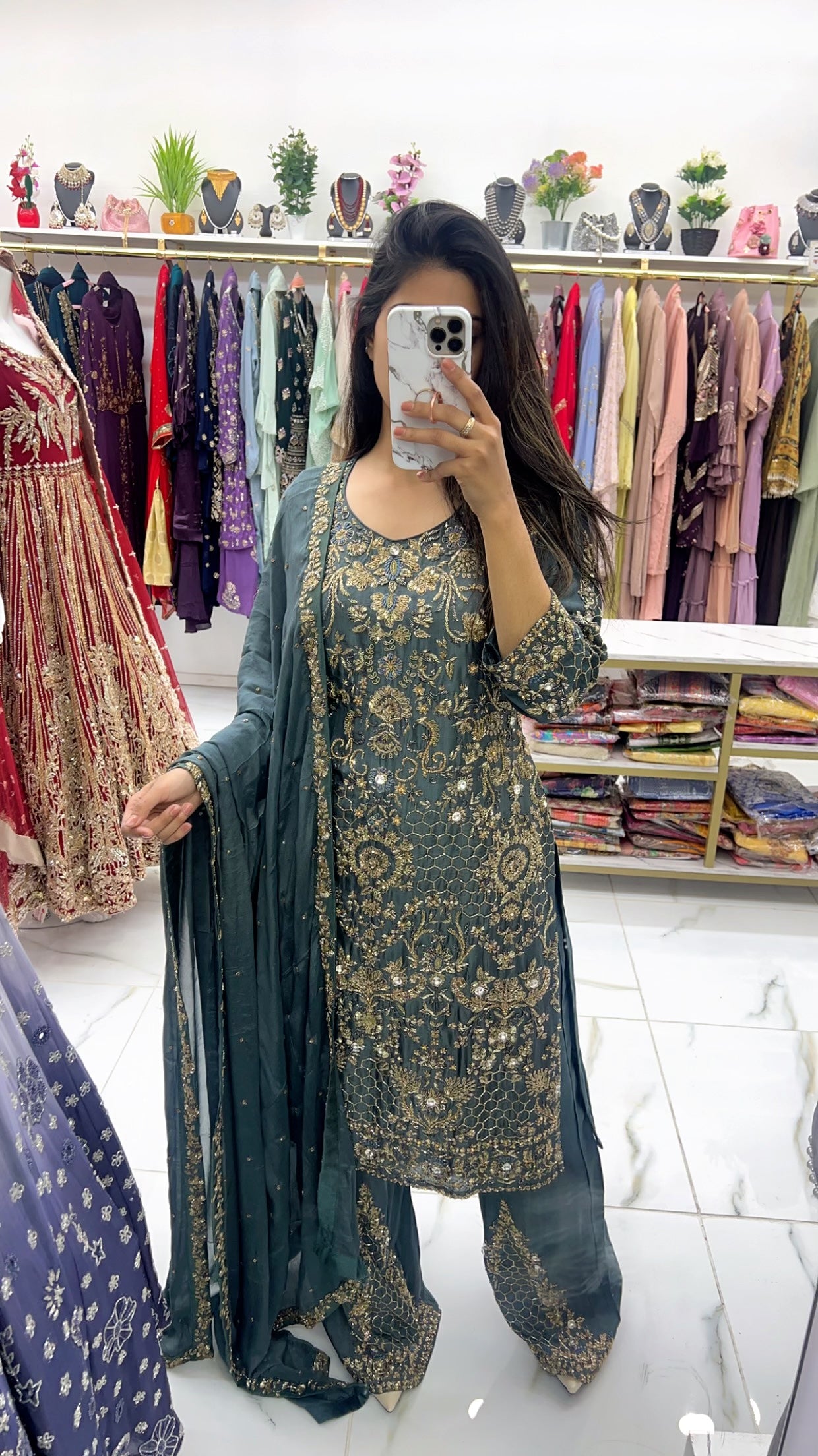 Silk grey hand work suit