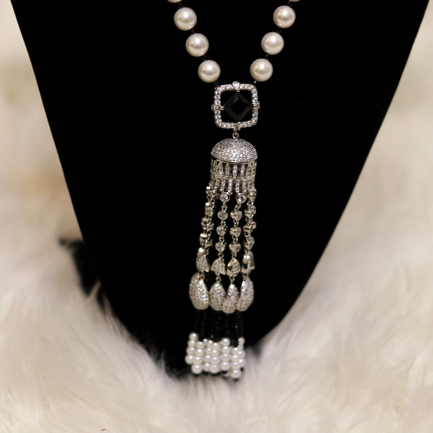 Heavy pearl long necklace with silver plating