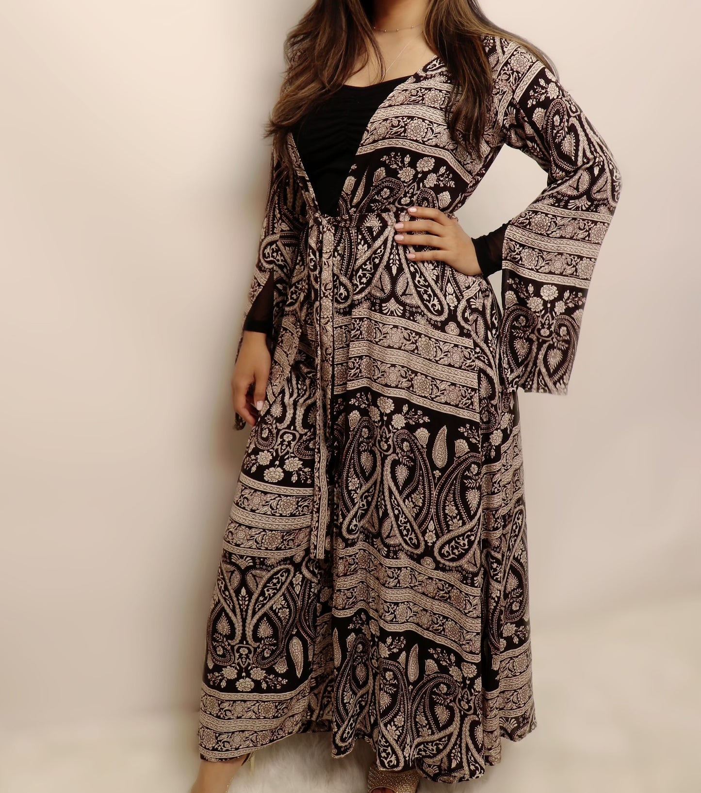 Pant duster set deep brown cream