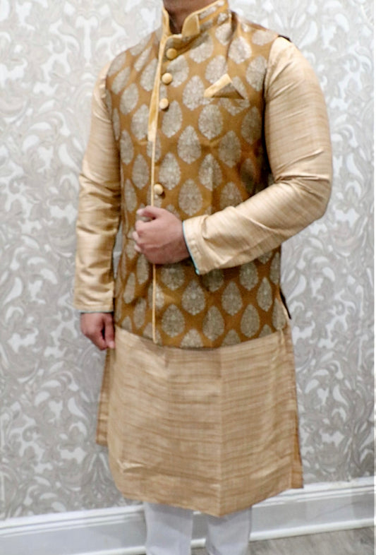 Mustard color Banarasi print vest - Selina Habibti Attire