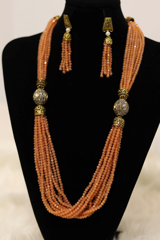 Peach beaded long necklace set