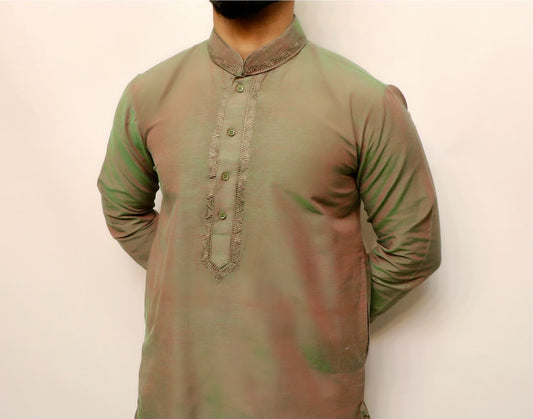 Duo chrome olive green collar embroidered kurta set