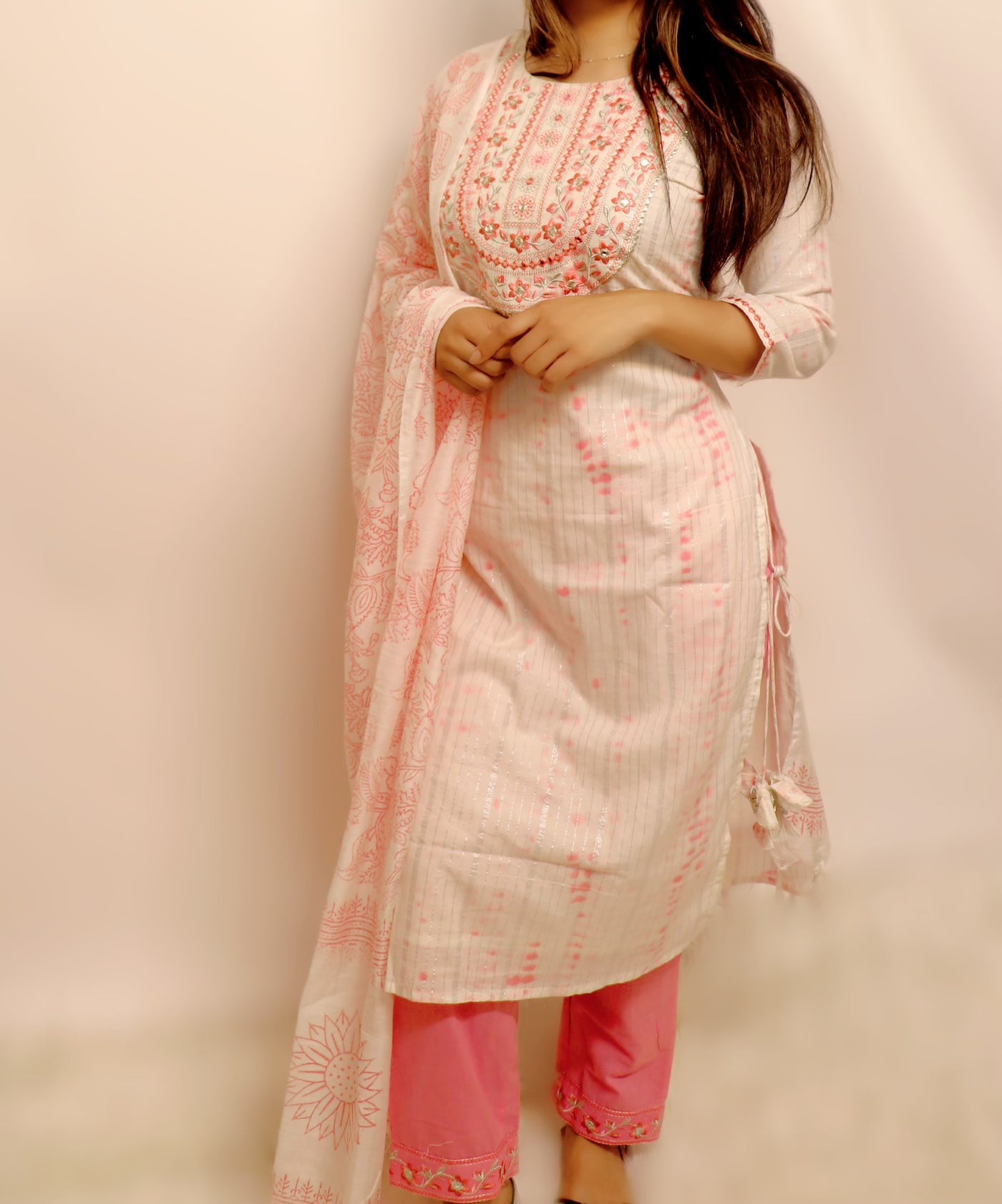 White and pink tie dye cotton suit