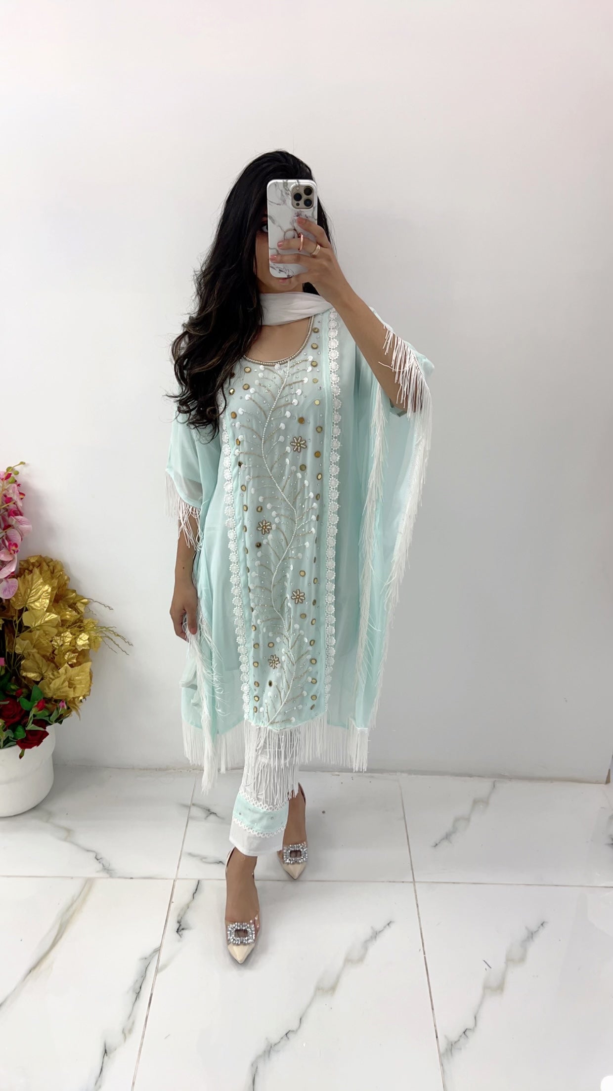 Blue chiffon kaftan three piece set