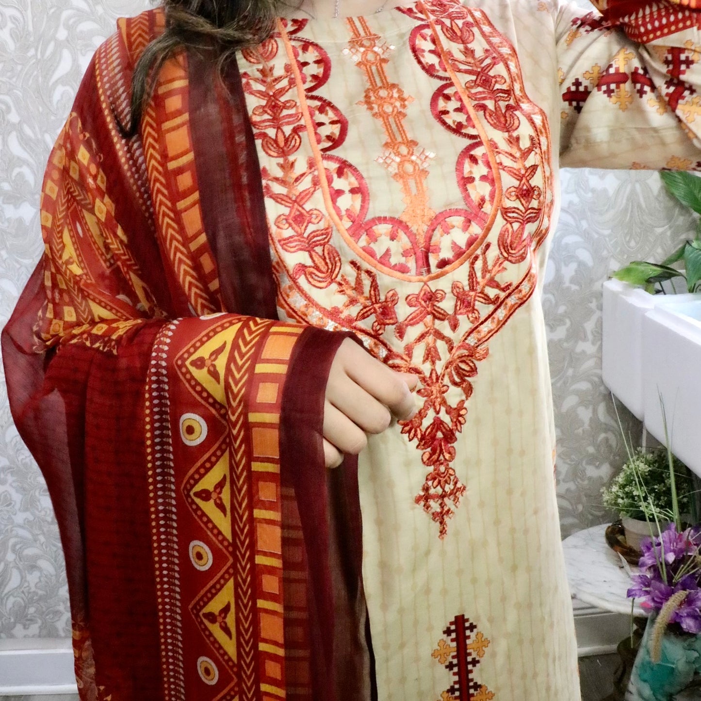 Cream and orange Lawn three piece suit - Selina Habibti Attire