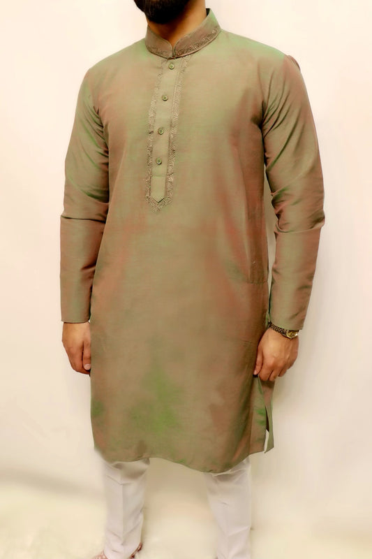 Duo chrome olive green collar embroidered kurta set